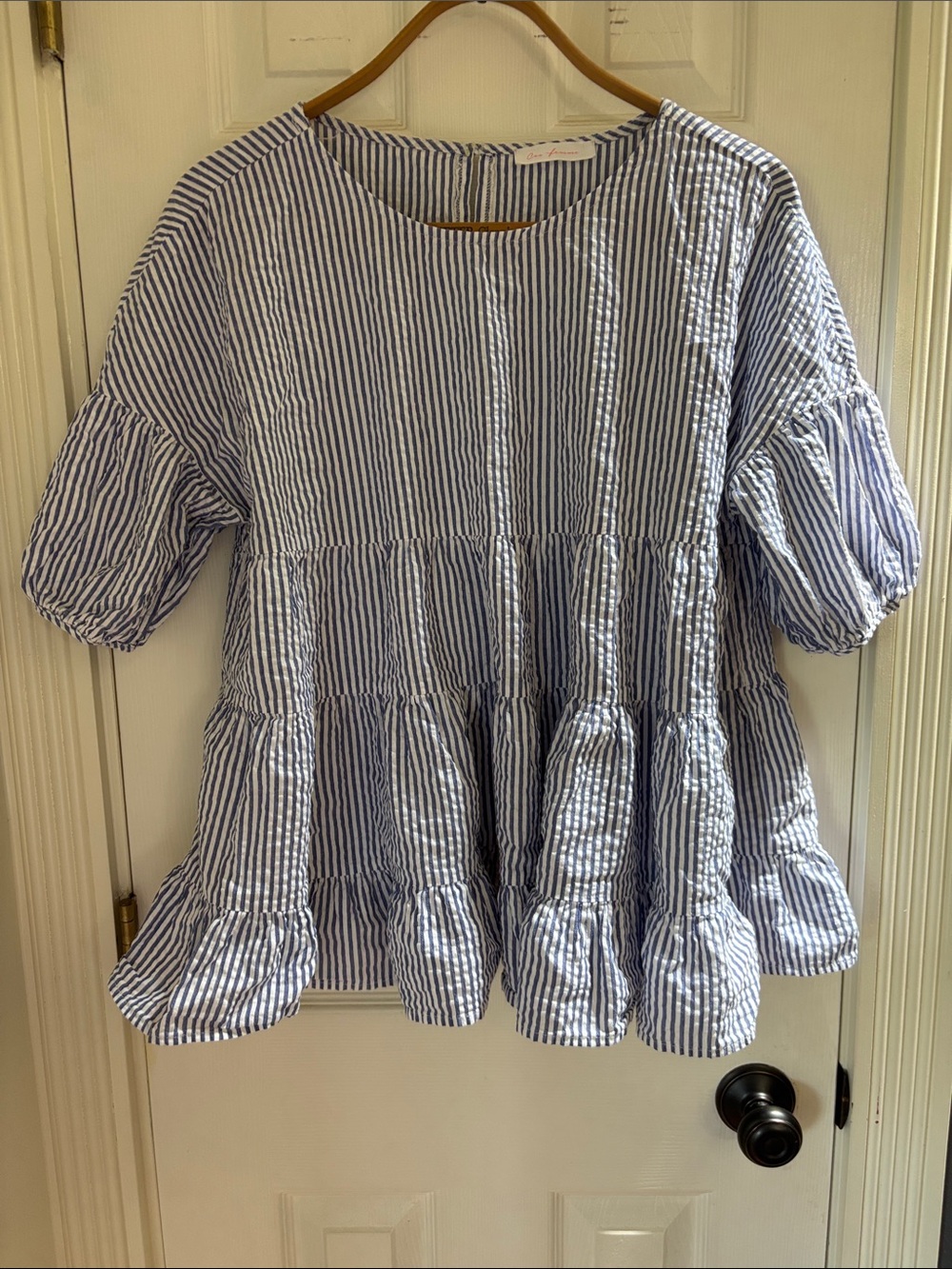 Ces Femme Blue and White Striped Tiered Peplum Tunic